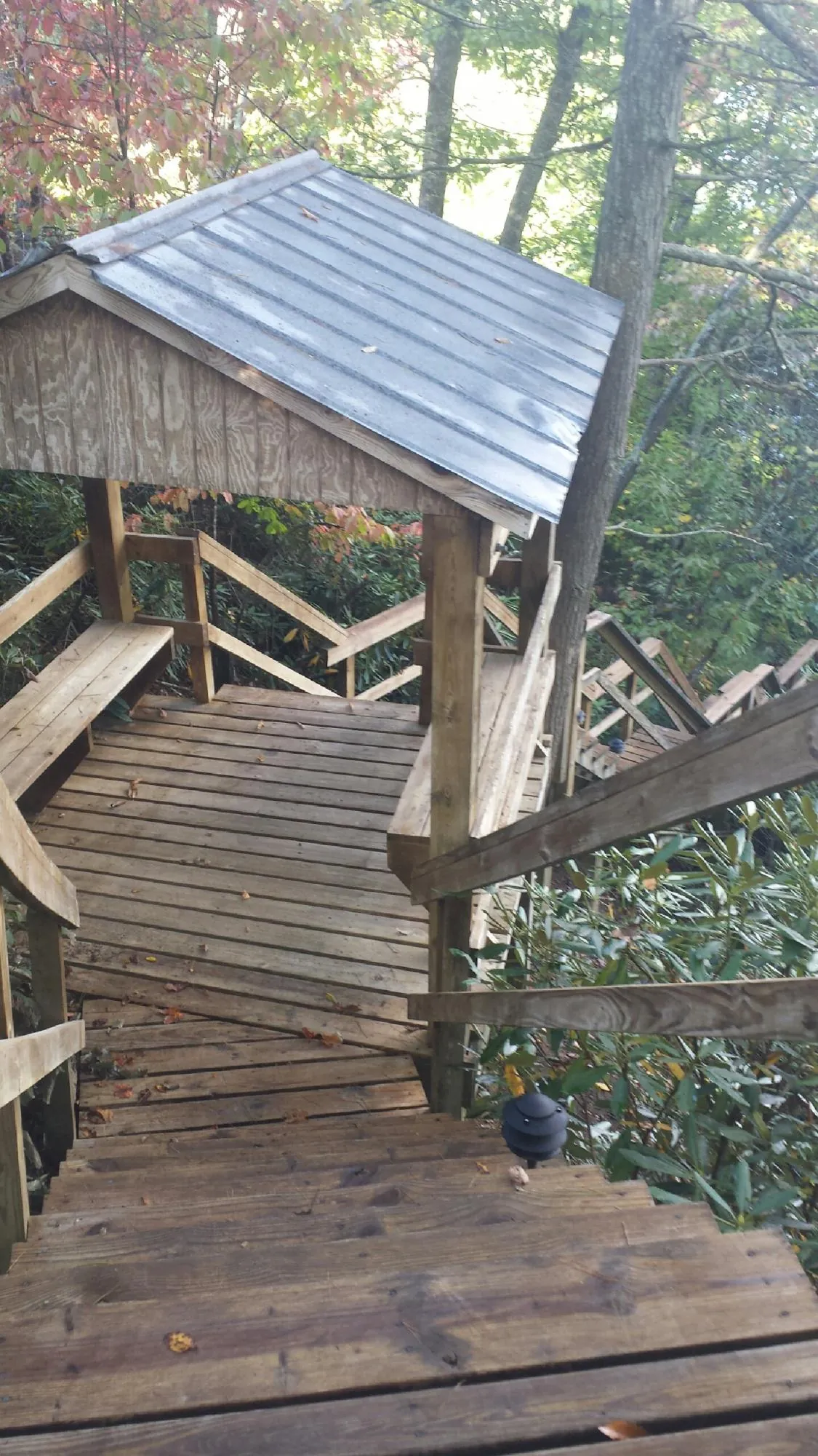 Metal roofed shelter over wooden steps on a wooded walkway — Skylight Repair & Installation work by our crew in Grundy Center